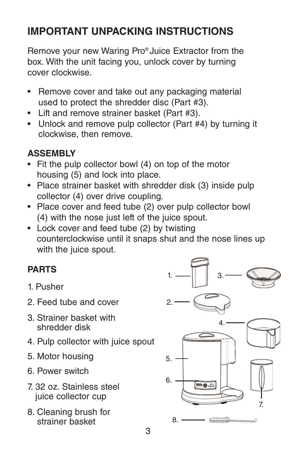 Important unpacking instructions | Waring Juice Exractor JEX328 User Manual | Page 4 / 12