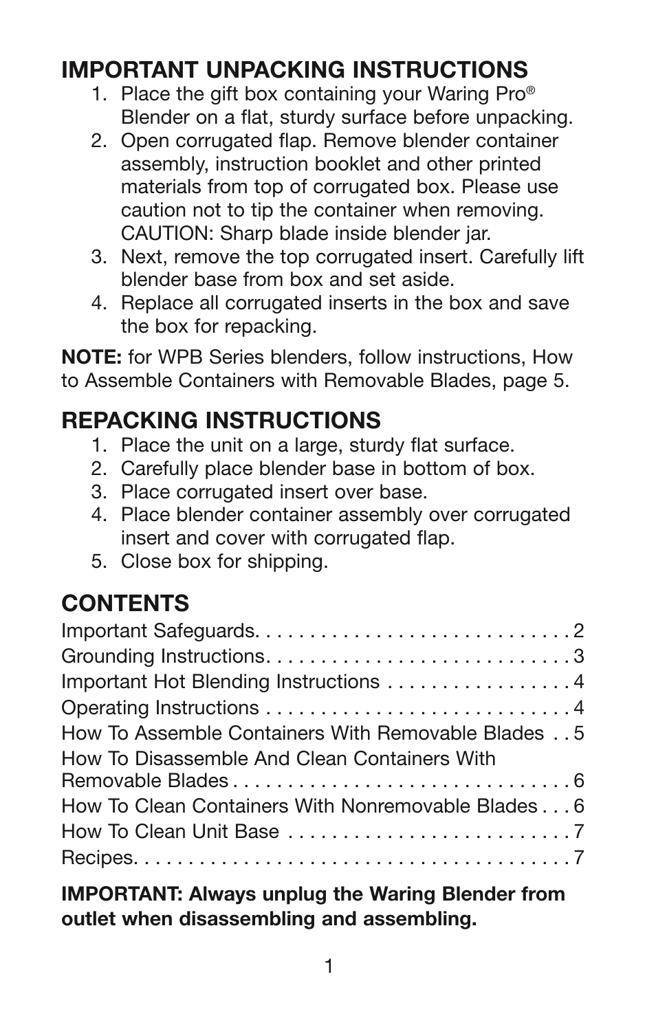 Waring WPB User Manual | Page 2 / 16
