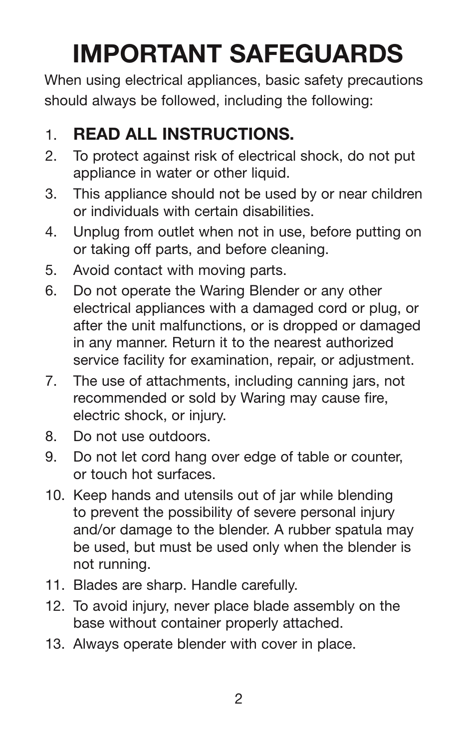 Important safeguards, Read all instructions | Waring WPB User Manual | Page 3 / 16