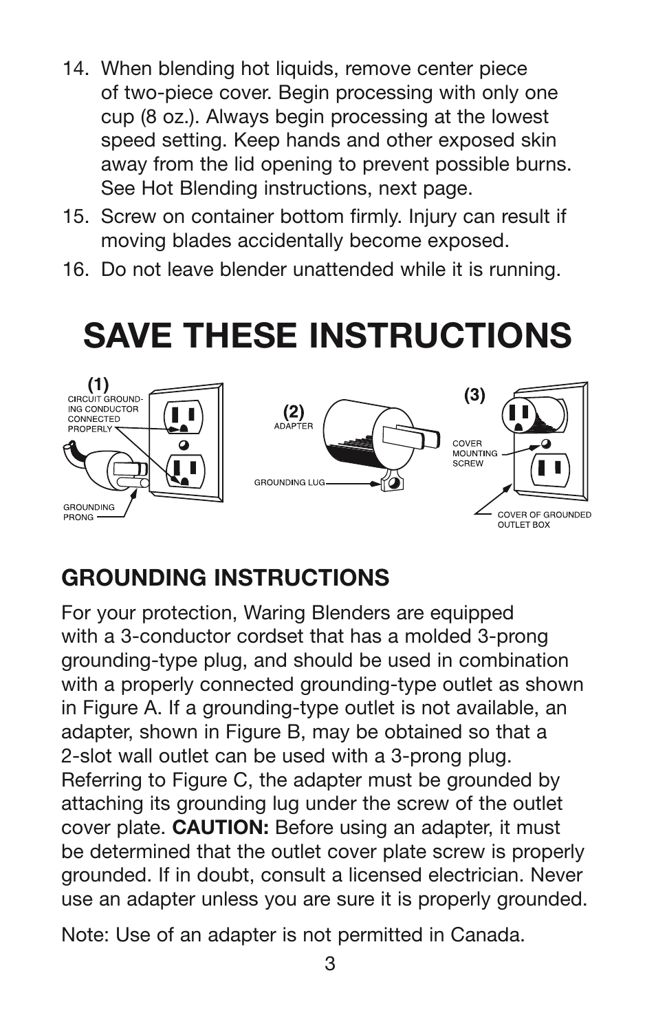 Save these instructions, Grounding instructions | Waring WPB User Manual | Page 4 / 16