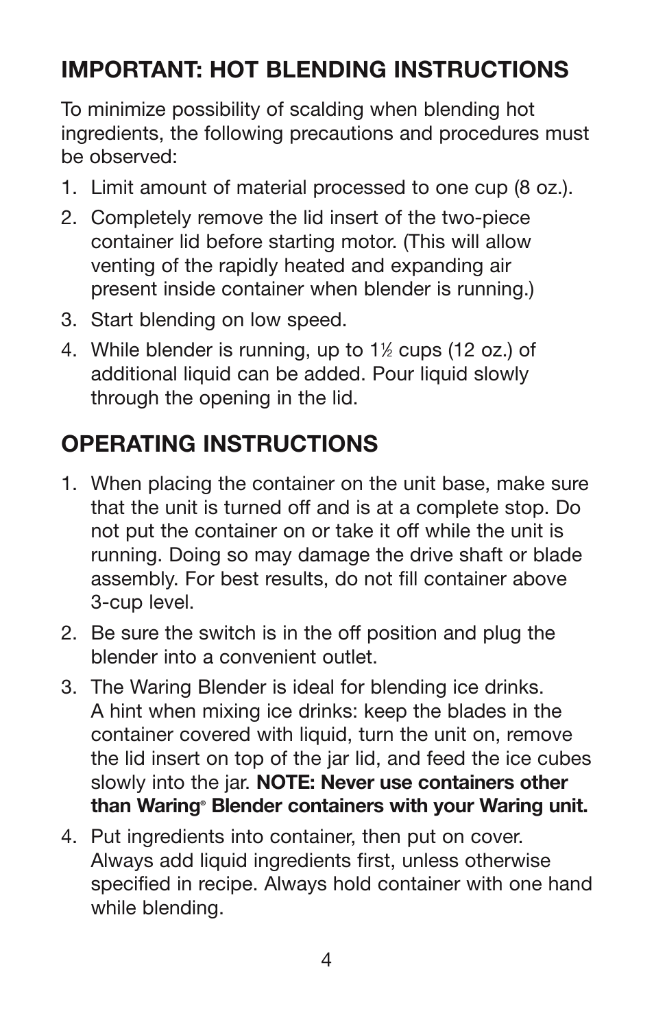 Important: hot blending instructions, Operating instructions | Waring WPB User Manual | Page 5 / 16