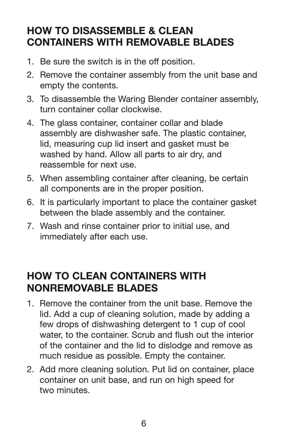 How to clean containers with nonremovable blades | Waring WPB User Manual | Page 7 / 16