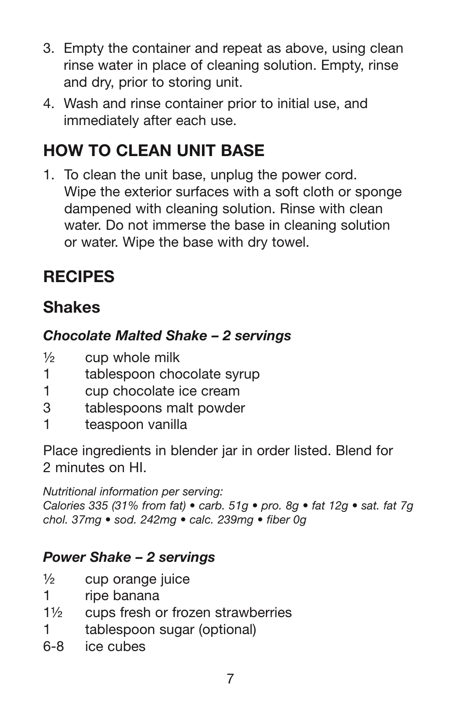 How to clean unit base, Recipes shakes | Waring WPB User Manual | Page 8 / 16