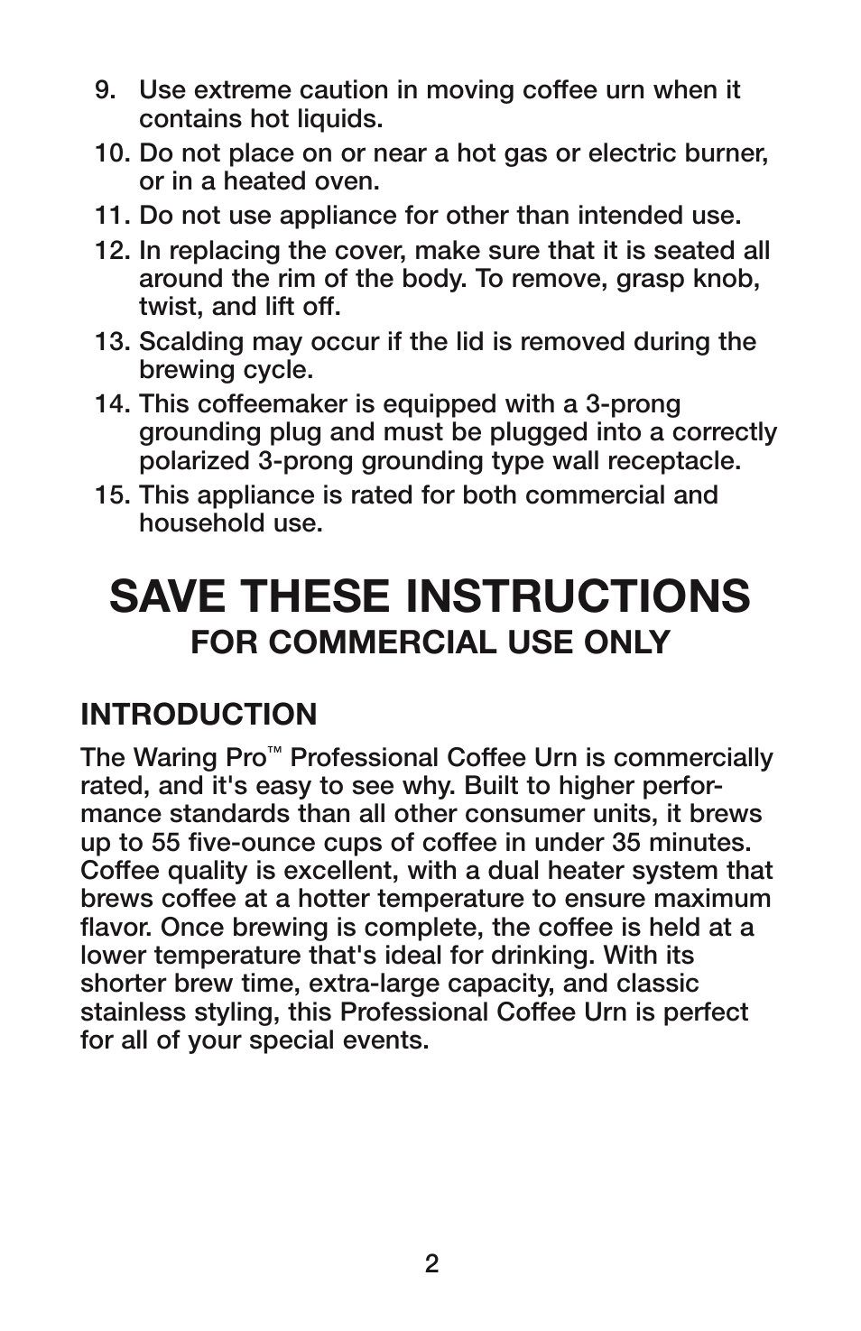 Save these instructions, For commercial use only, Introduction | Waring CU-55 User Manual | Page 3 / 10