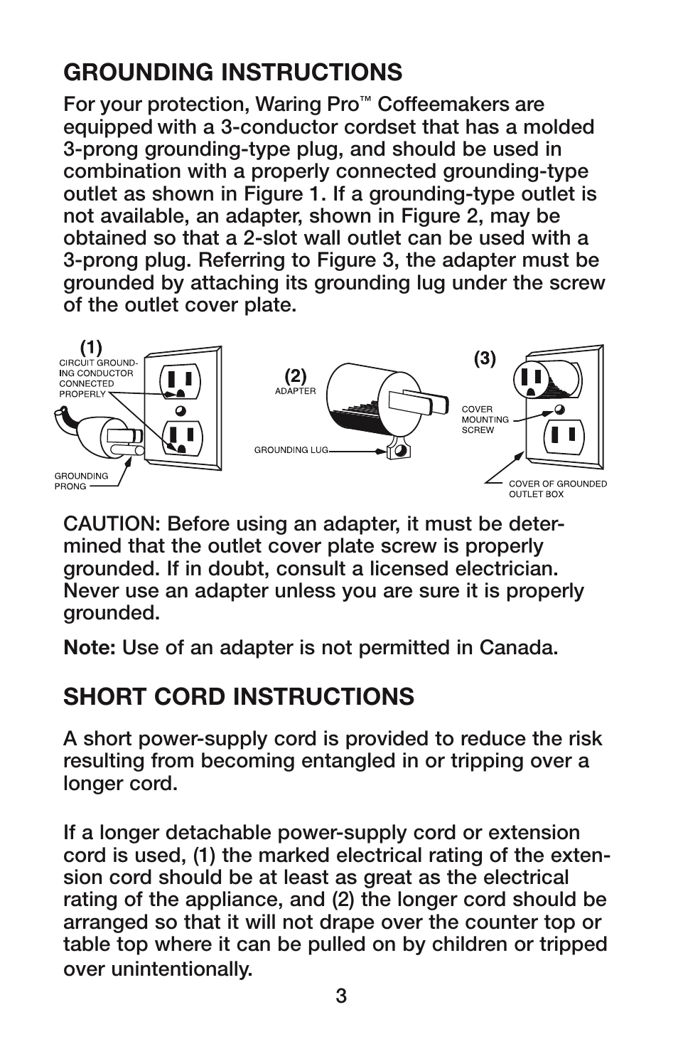 Grounding instructions, Short cord instructions | Waring CU-55 User Manual | Page 4 / 10