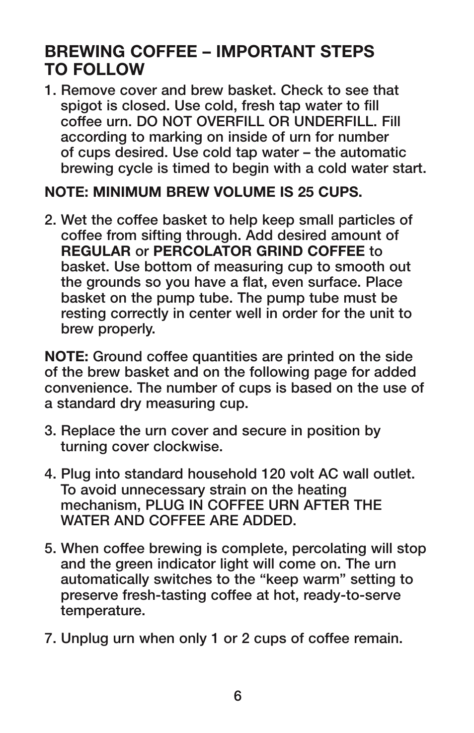 Brewing coffee – important steps to follow | Waring CU-55 User Manual | Page 7 / 10