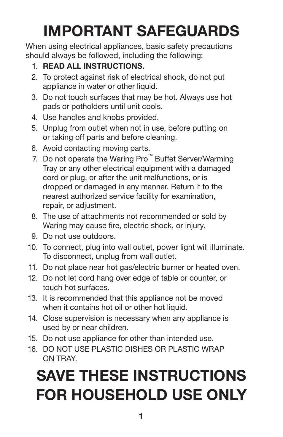 Important safeguards, Save these instructions for household use only | Waring BUFFET SERVER & WARMING TRAY BFS50B User Manual | Page 2 / 8