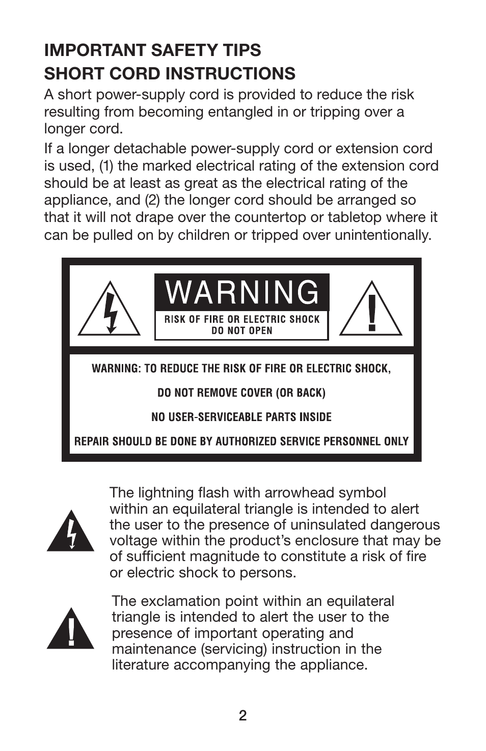 Important safety tips short cord instructions | Waring BUFFET SERVER & WARMING TRAY BFS50B User Manual | Page 3 / 8