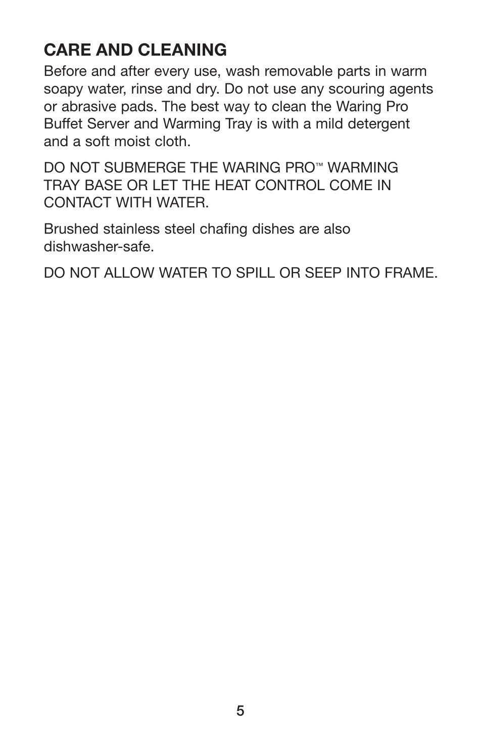 Care and cleaning | Waring BUFFET SERVER & WARMING TRAY BFS50B User Manual | Page 6 / 8