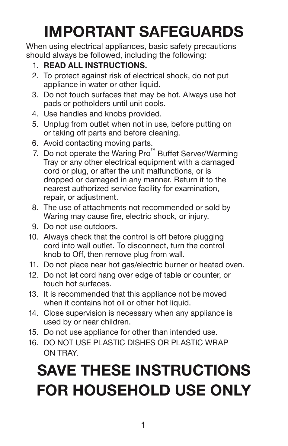 Important safeguards, Save these instructions for household use only | Waring BFS50B User Manual | Page 2 / 7