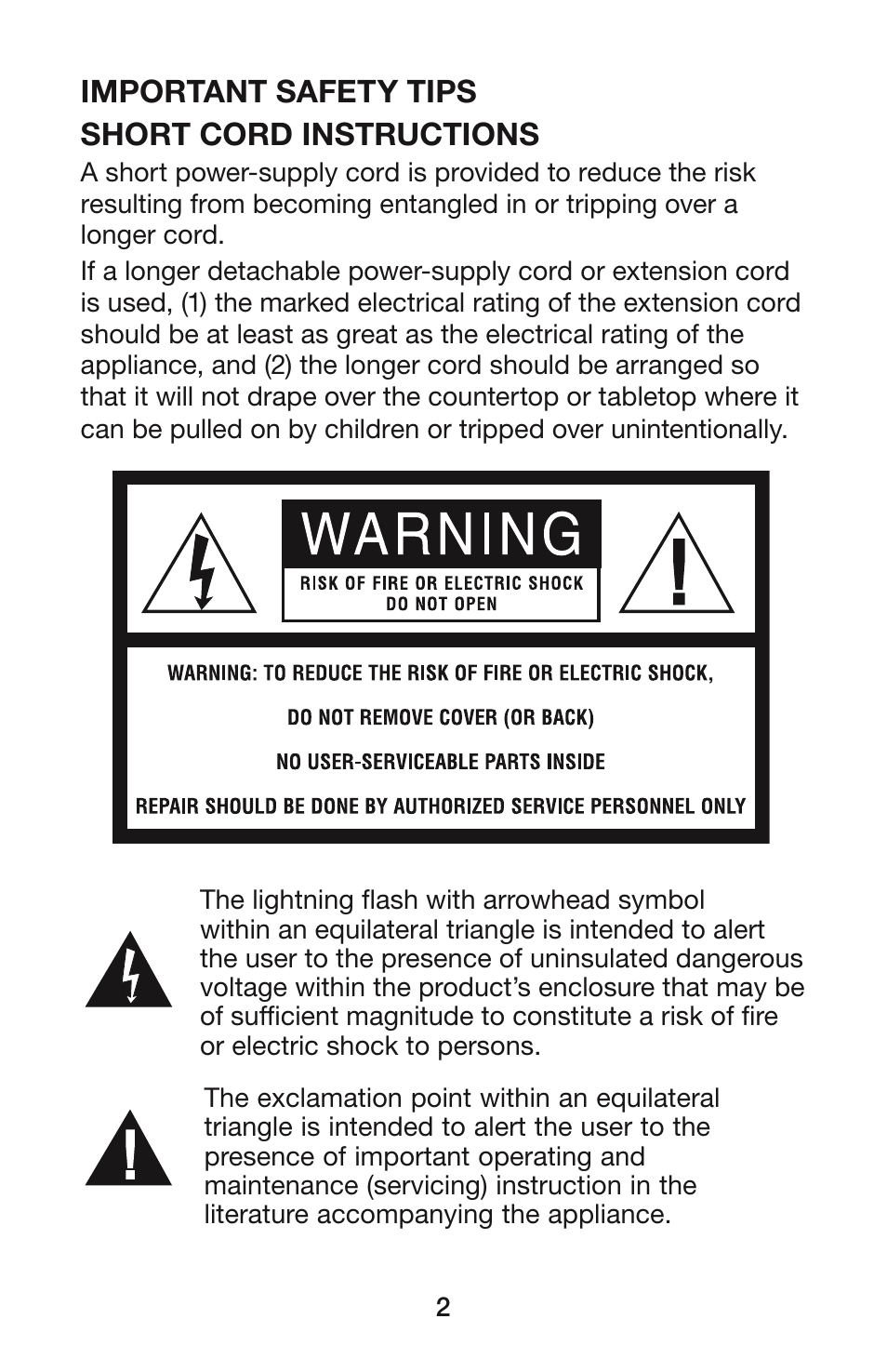 Important safety tips short cord instructions | Waring BFS50B User Manual | Page 3 / 7