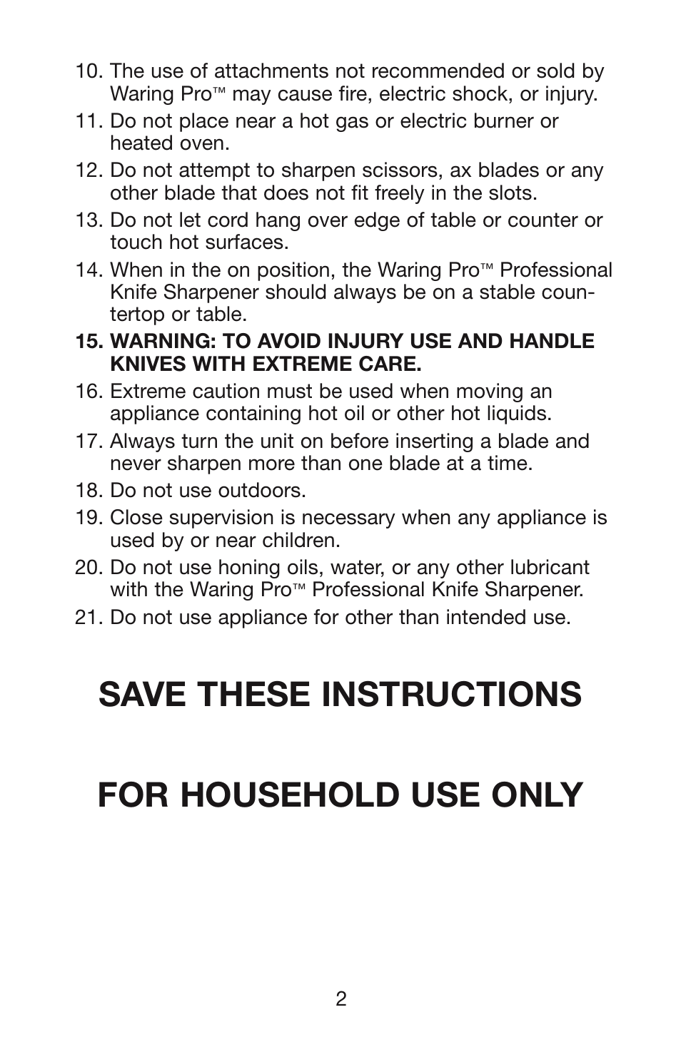 Save these instructions for household use only | Waring KS80 User Manual | Page 3 / 12