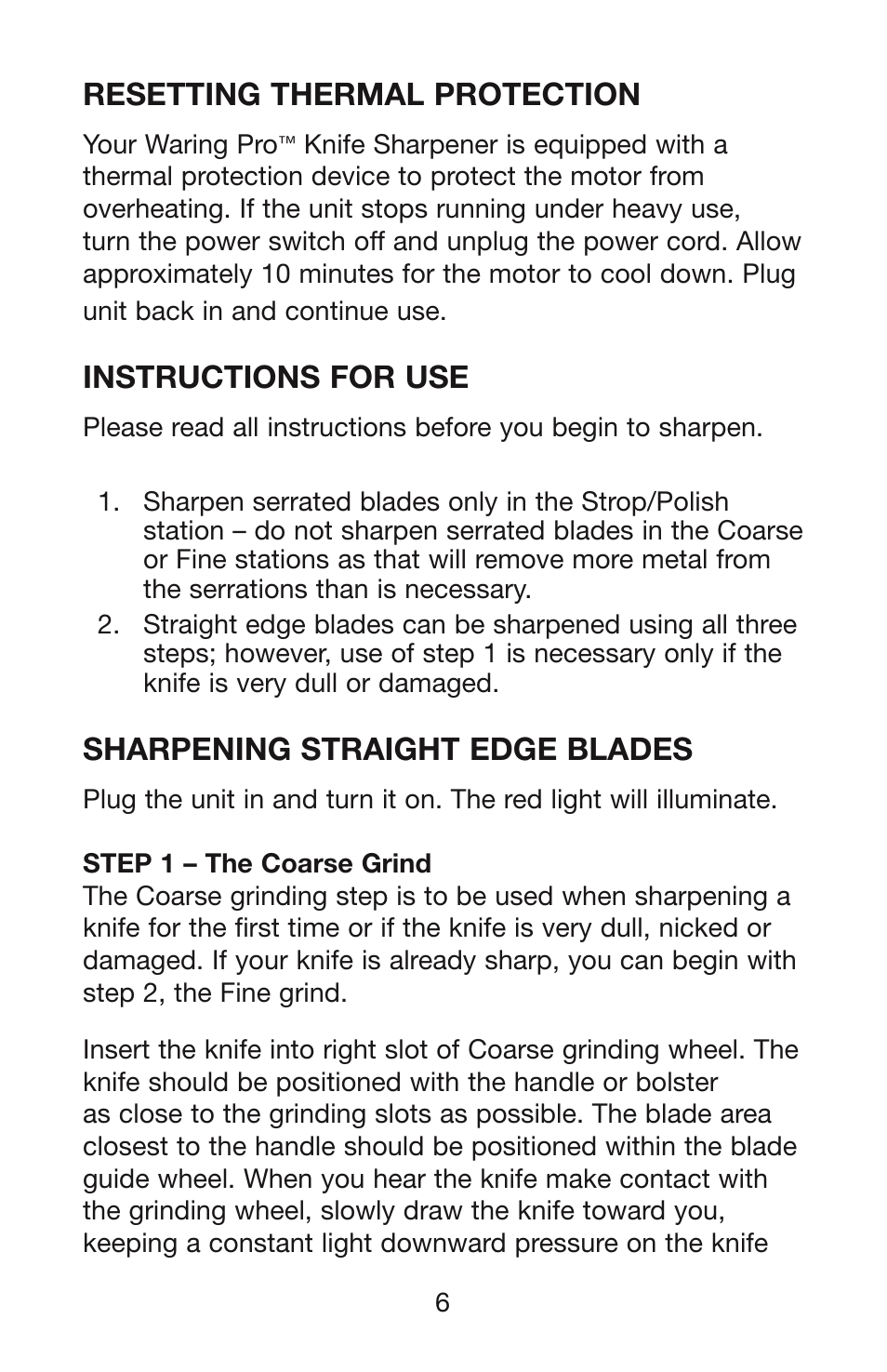 Resetting thermal protection, Instructions for use, Sharpening straight edge blades | Waring KS80 User Manual | Page 7 / 12