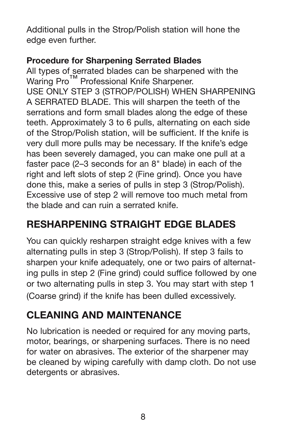 Resharpening straight edge blades, Cleaning and maintenance | Waring KS80 User Manual | Page 9 / 12