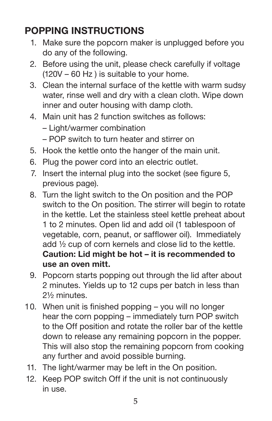 Popping instructions | Waring WPM40 User Manual | Page 6 / 8