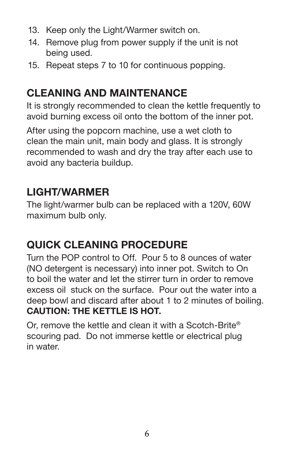 Cleaning and maintenance, Light/warmer, Quick cleaning procedure | Waring WPM40 User Manual | Page 7 / 8