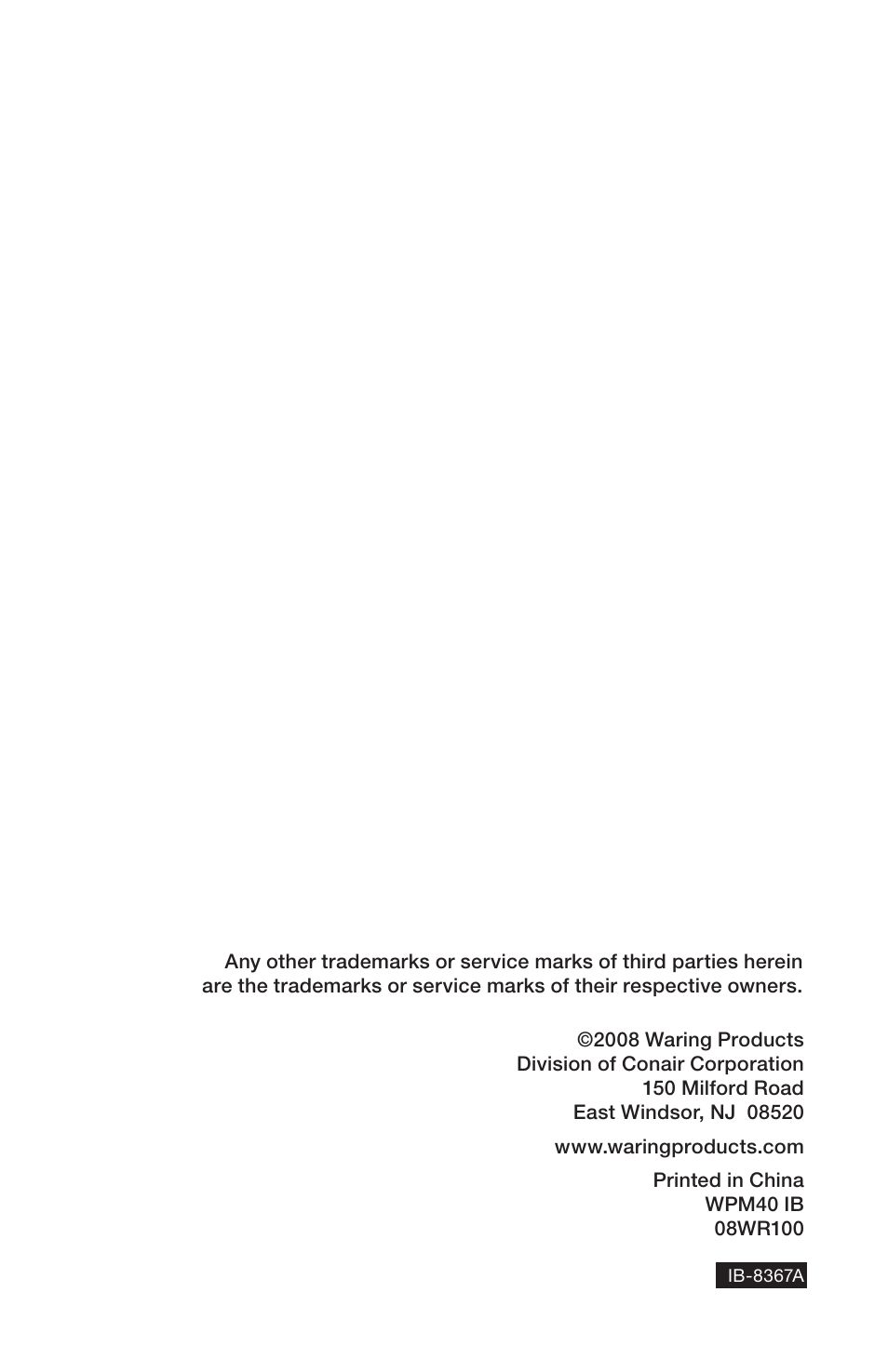 Waring WPM40 User Manual | Page 8 / 8