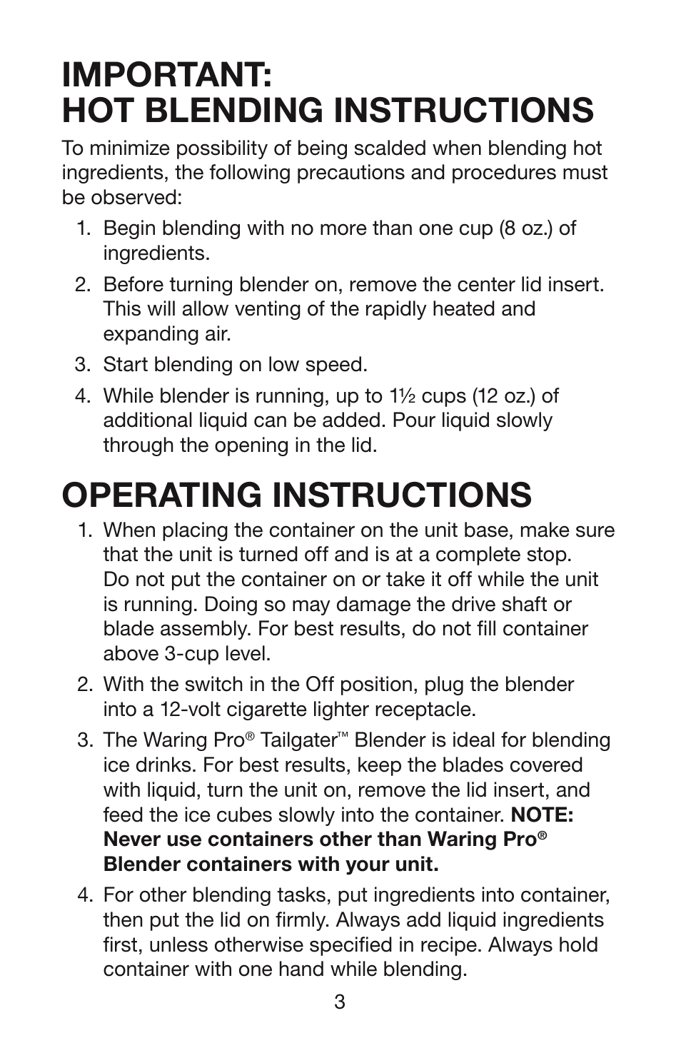 Important: hot blending instructions, Operating instructions | Waring TAILGATER TG15 User Manual | Page 4 / 8
