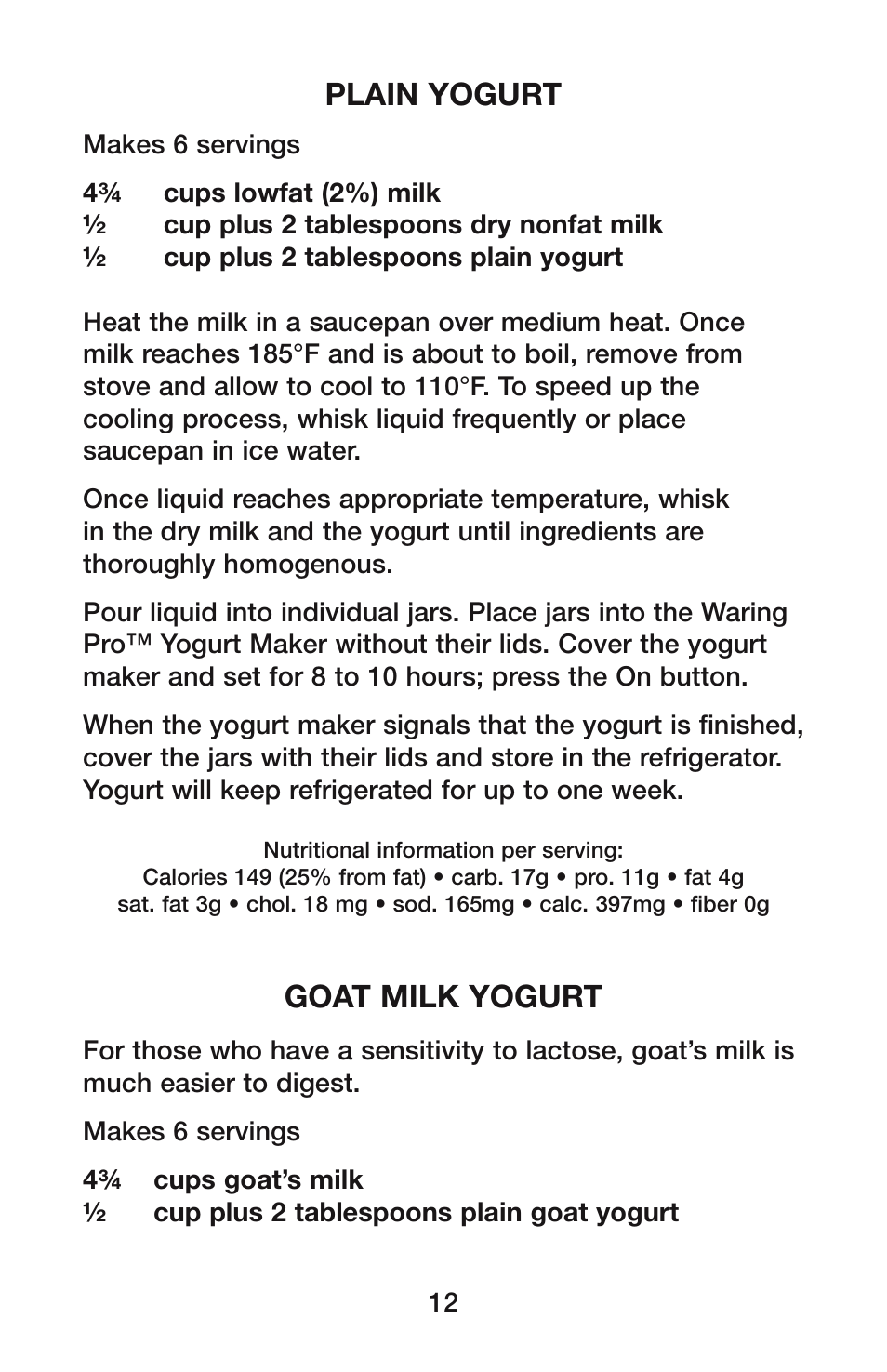 Plain yogurt, Goat milk yogurt | Waring YM350 User Manual | Page 12 / 20