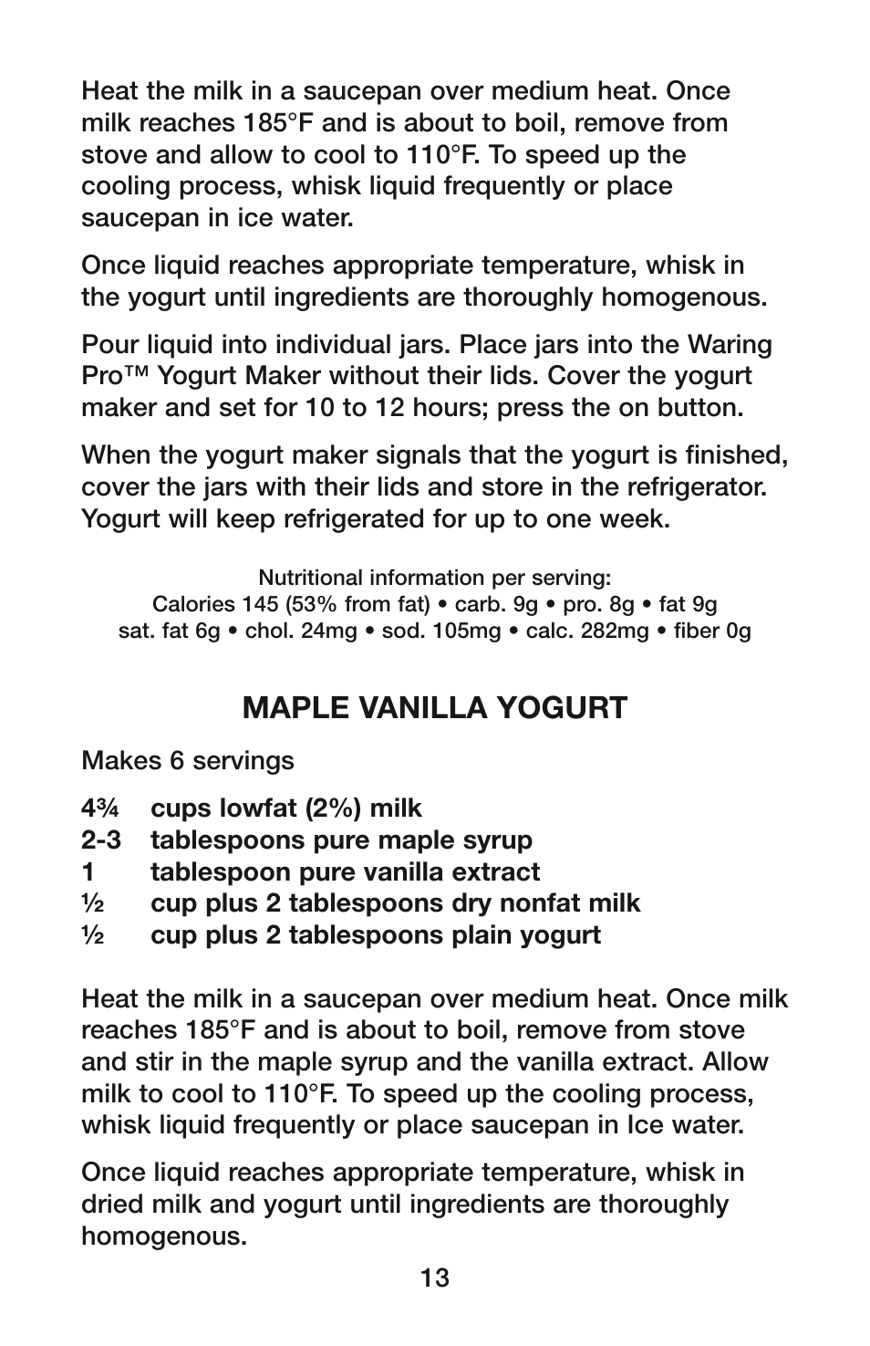 Maple vanilla yogurt | Waring YM350 User Manual | Page 13 / 20