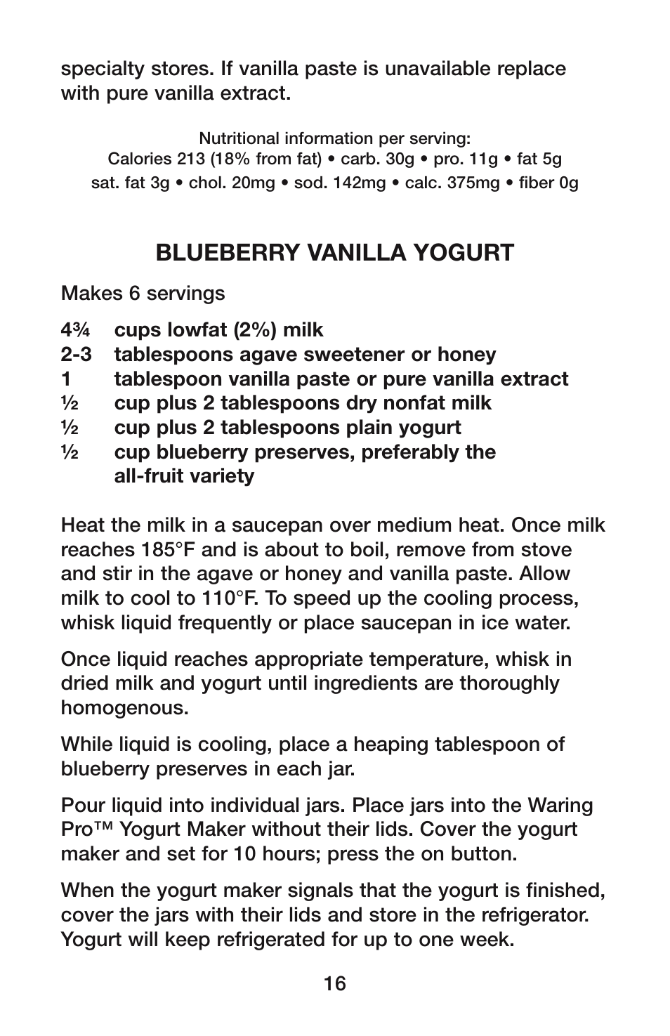 Blueberry vanilla yogurt | Waring YM350 User Manual | Page 16 / 20