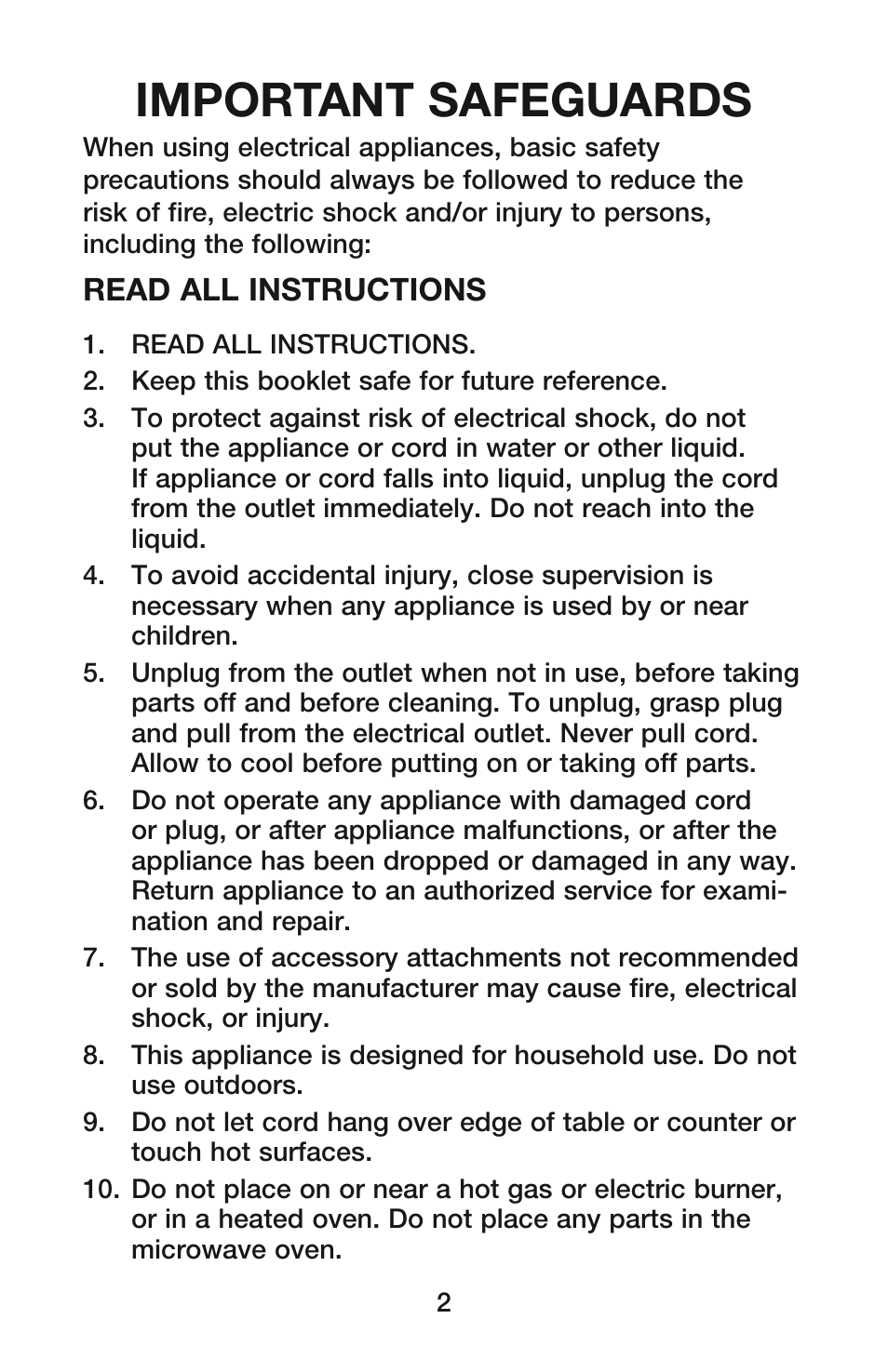 Important safeguards, Read all instructions | Waring YM350 User Manual | Page 2 / 20