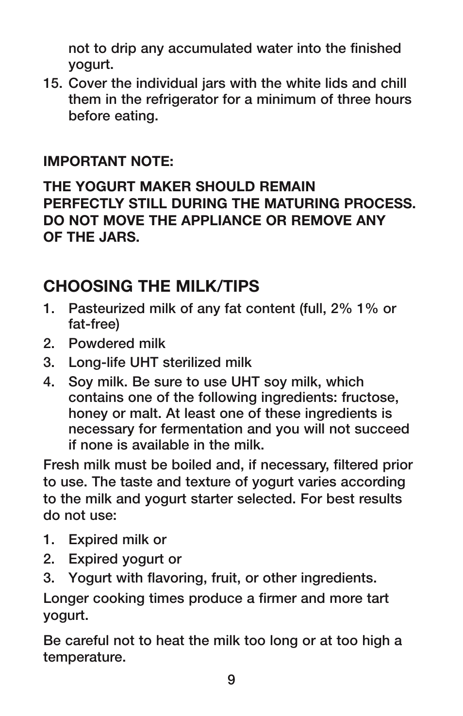 Choosing the milk/tips | Waring YM350 User Manual | Page 9 / 20