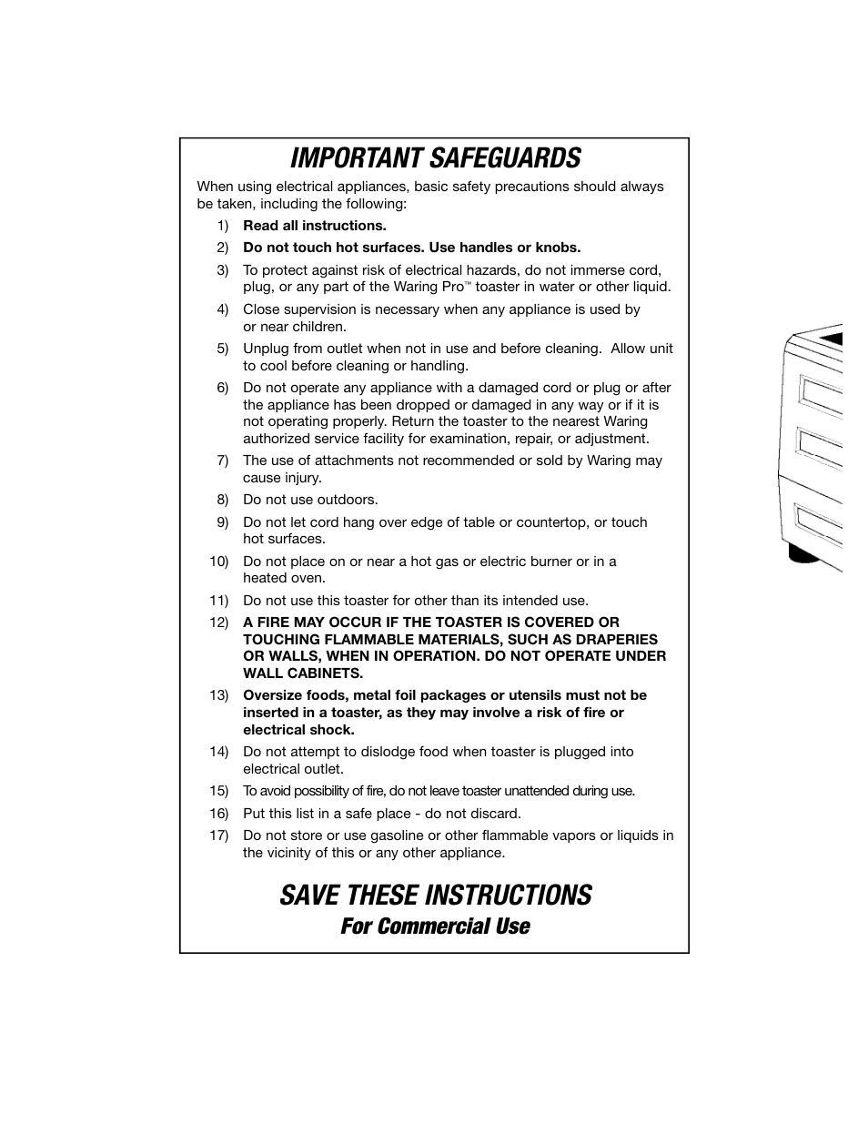 Important safeguards, Save these instructions, For commercial use | Waring WCT800R User Manual | Page 2 / 7