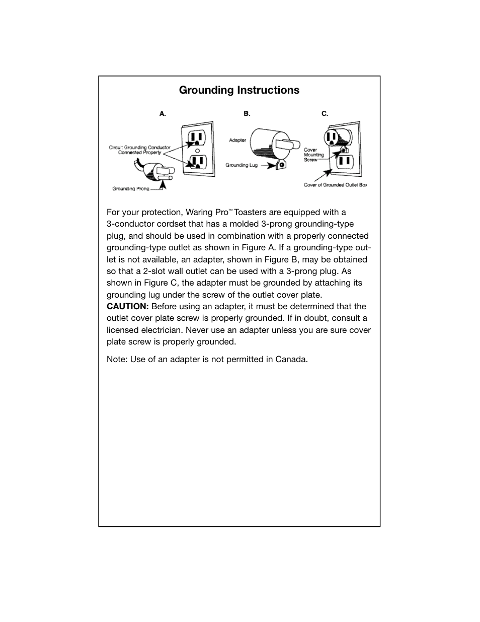 Grounding instructions | Waring WCT800R User Manual | Page 4 / 7