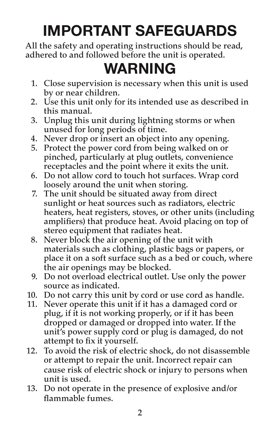 Important safeguards, Warning | Waring PC200 User Manual | Page 3 / 8