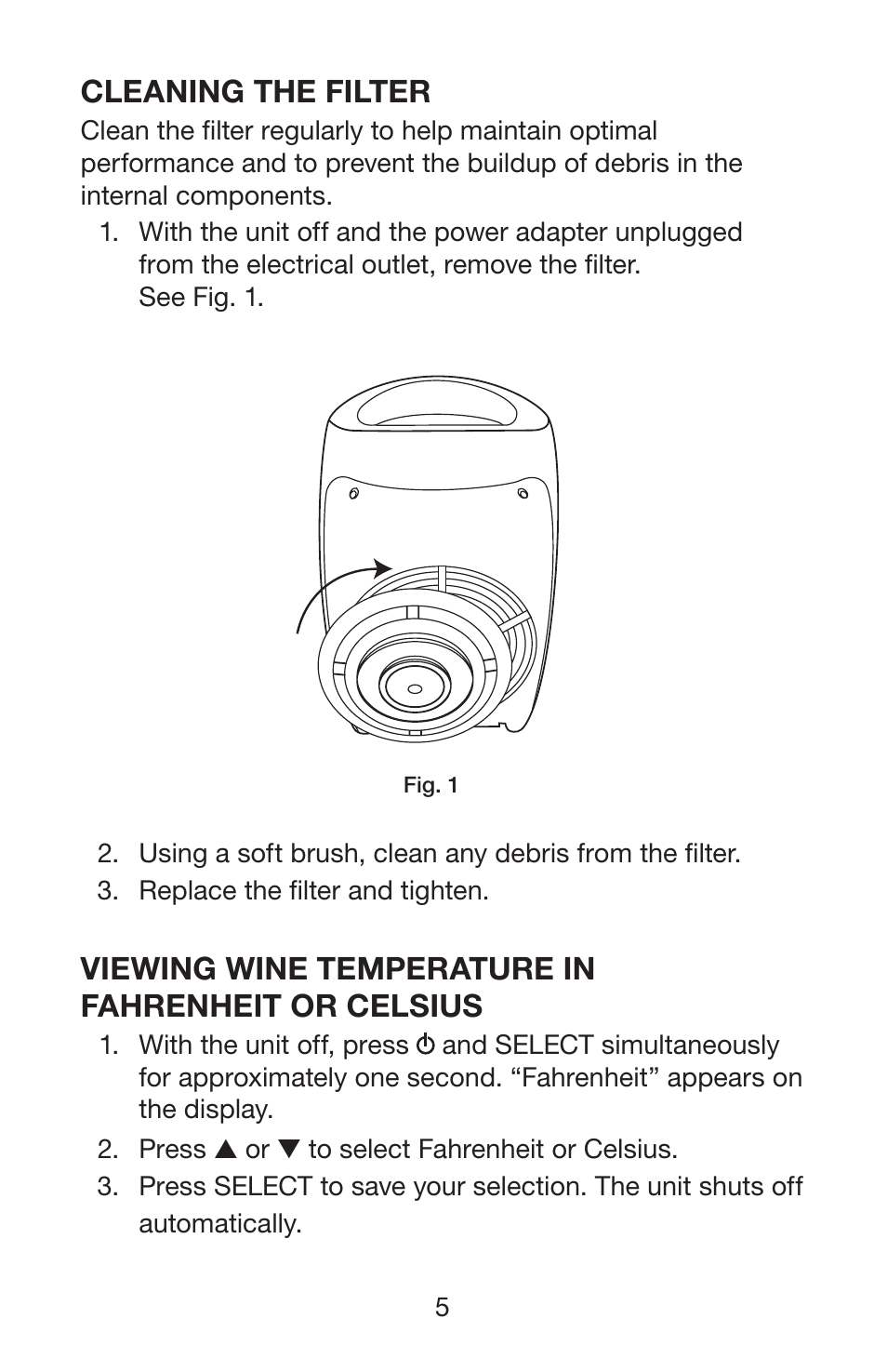 Cleaning the filter, Viewing wine temperature in fahrenheit or celsius | Waring WARNING PROTM PC100 User Manual | Page 6 / 13