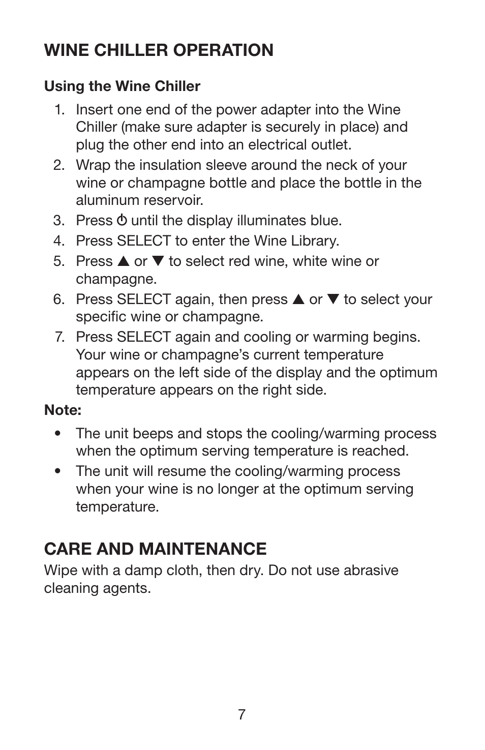 Wine chiller operation, Care and maintenance | Waring WARNING PROTM PC100 User Manual | Page 8 / 13