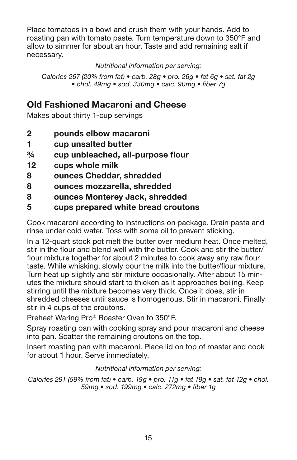 Old fashioned macaroni and cheese | Waring RO18B User Manual | Page 16 / 20