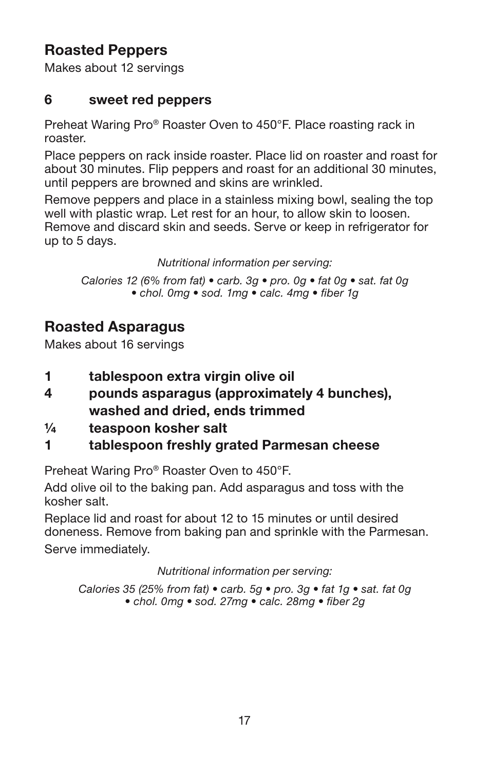 Roasted peppers, Roasted asparagus | Waring RO18B User Manual | Page 18 / 20