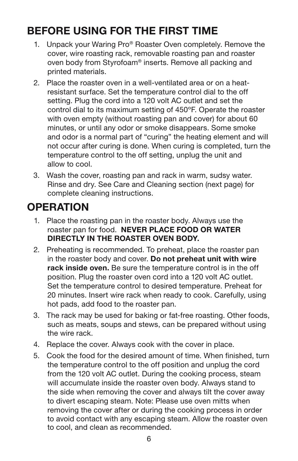 Before using for the first time, Operation | Waring RO18B User Manual | Page 7 / 20