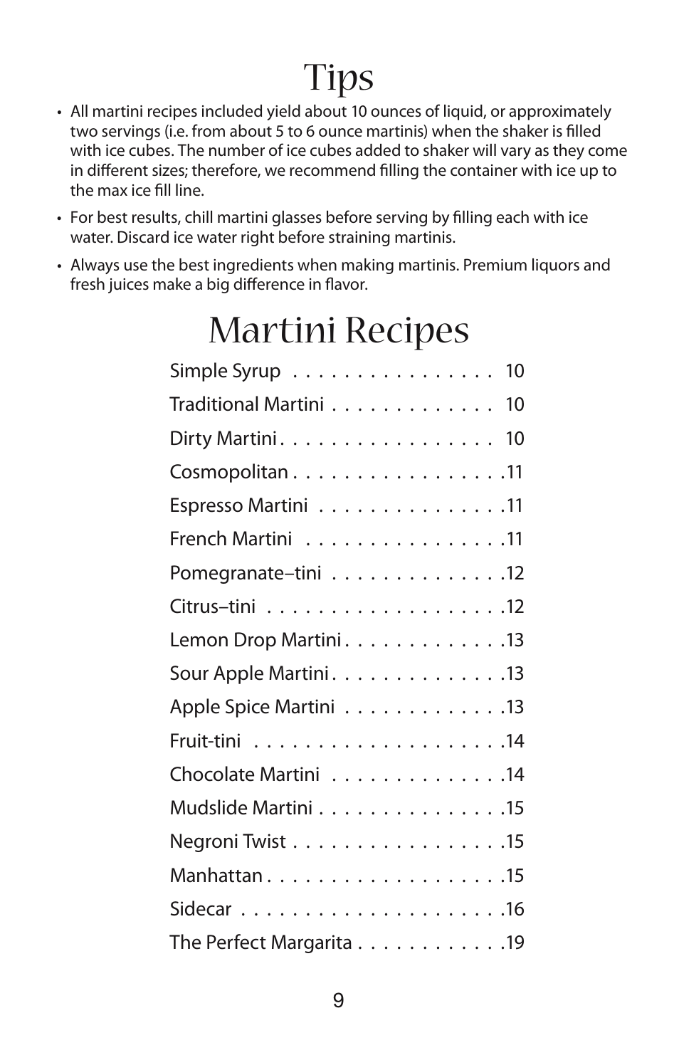 Tips, Martini recipes | Waring WM007 User Manual | Page 10 / 18