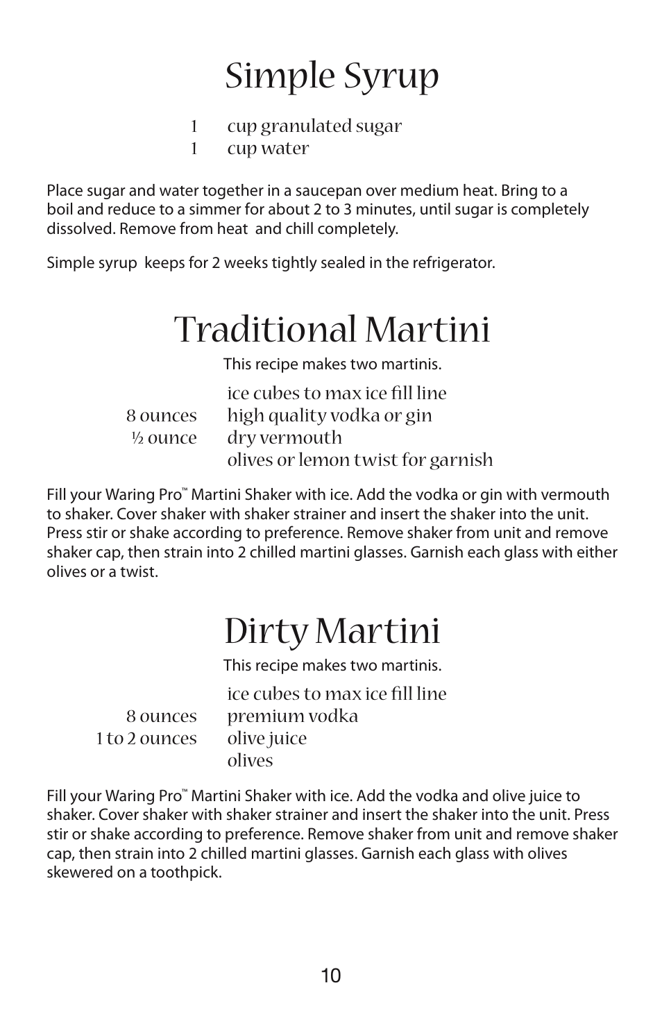 Simple syrup, Traditional martini, Dirty martini | Waring WM007 User Manual | Page 11 / 18