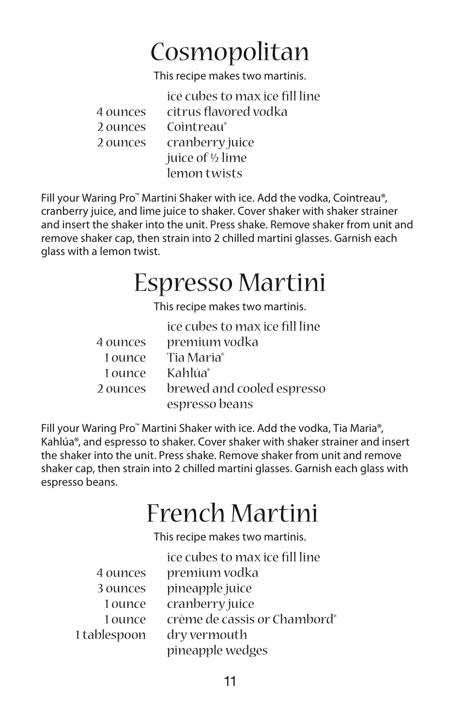 Cosmopolitan, Espresso martini, French martini | Waring WM007 User Manual | Page 12 / 18