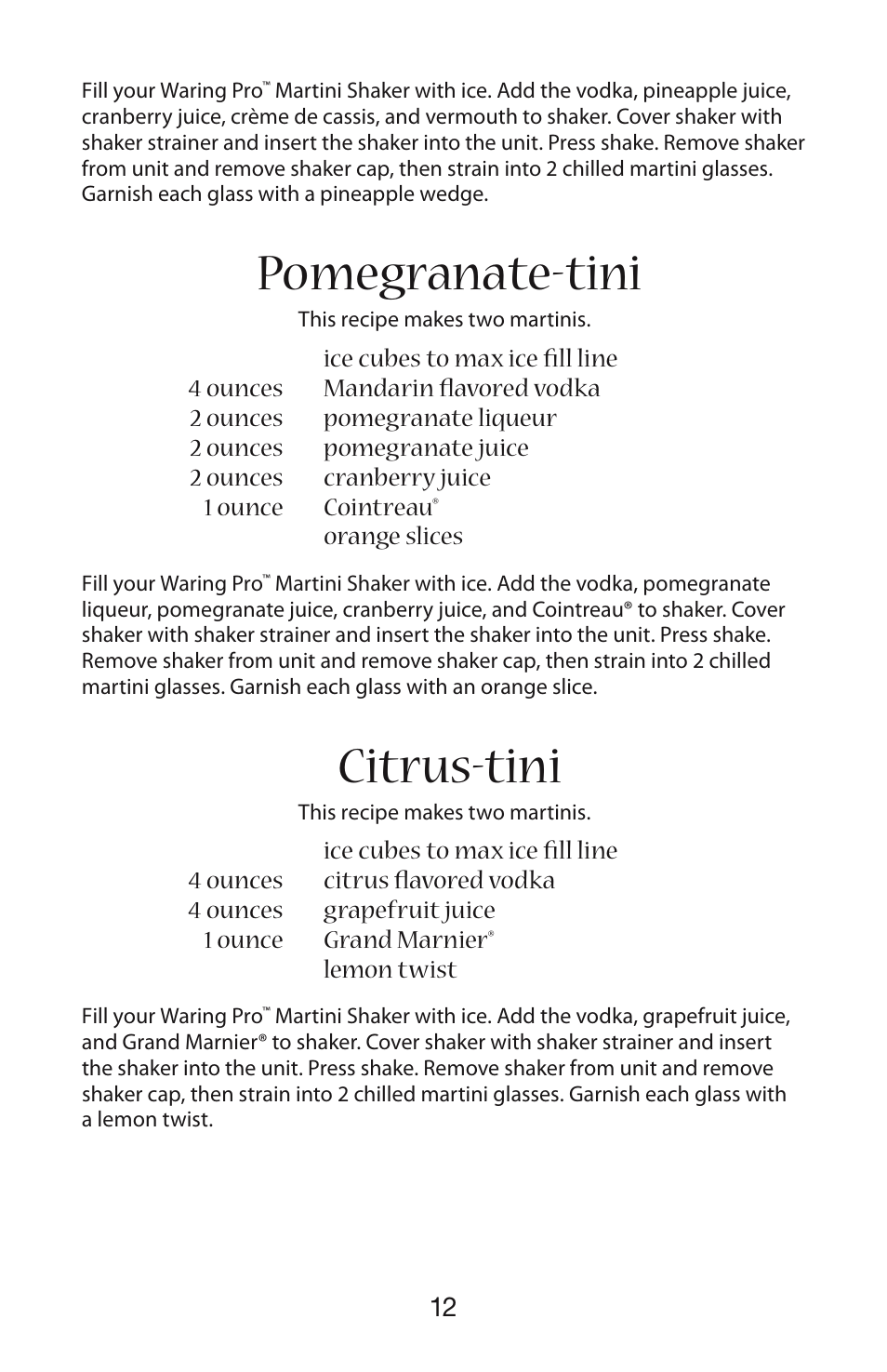 Pomegranate-tini, Citrus-tini | Waring WM007 User Manual | Page 13 / 18