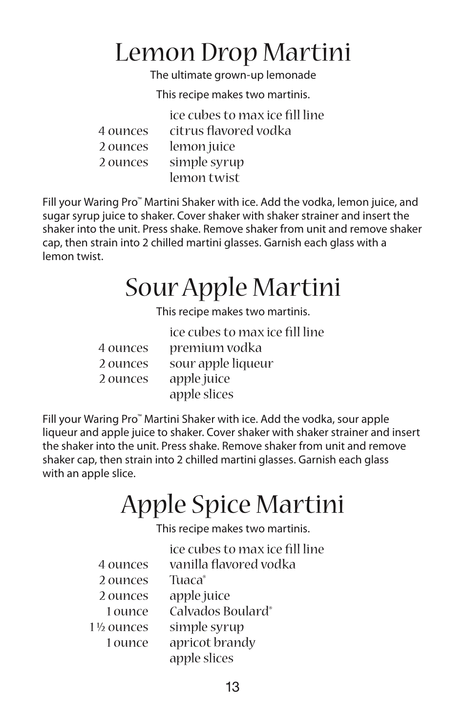 Lemon drop martini, Sour apple martini, Apple spice martini | Waring WM007 User Manual | Page 14 / 18