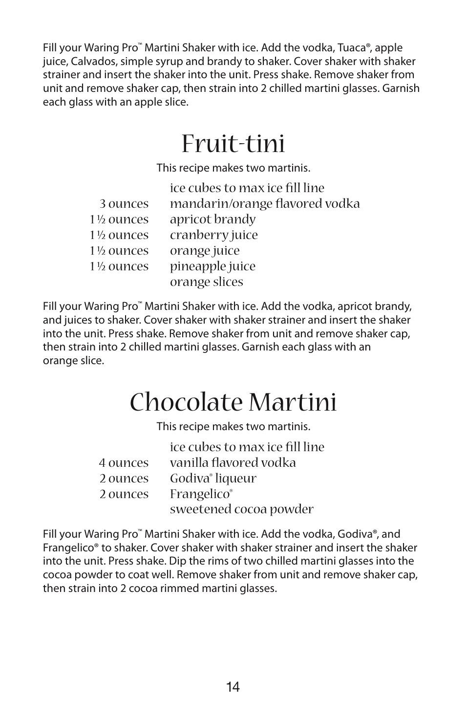 Fruit-tini, Chocolate martini | Waring WM007 User Manual | Page 15 / 18