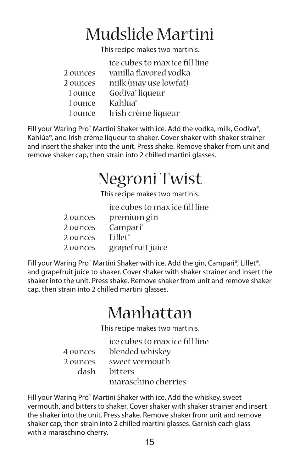 Mudslide martini, Negroni twist, Manhattan | Waring WM007 User Manual | Page 16 / 18