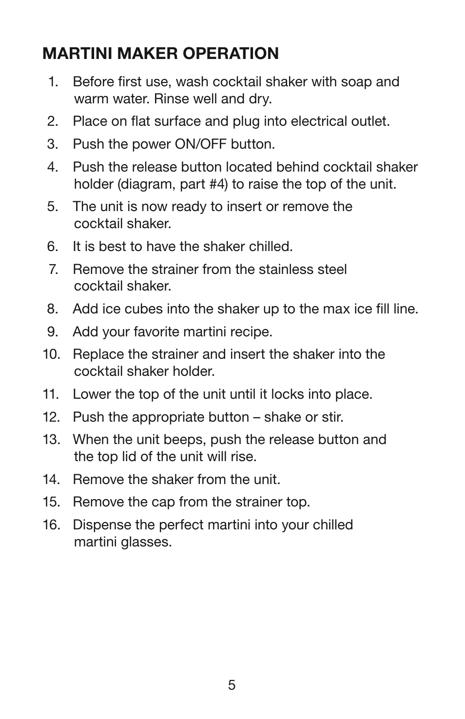 Martini maker operation | Waring WM007 User Manual | Page 6 / 18