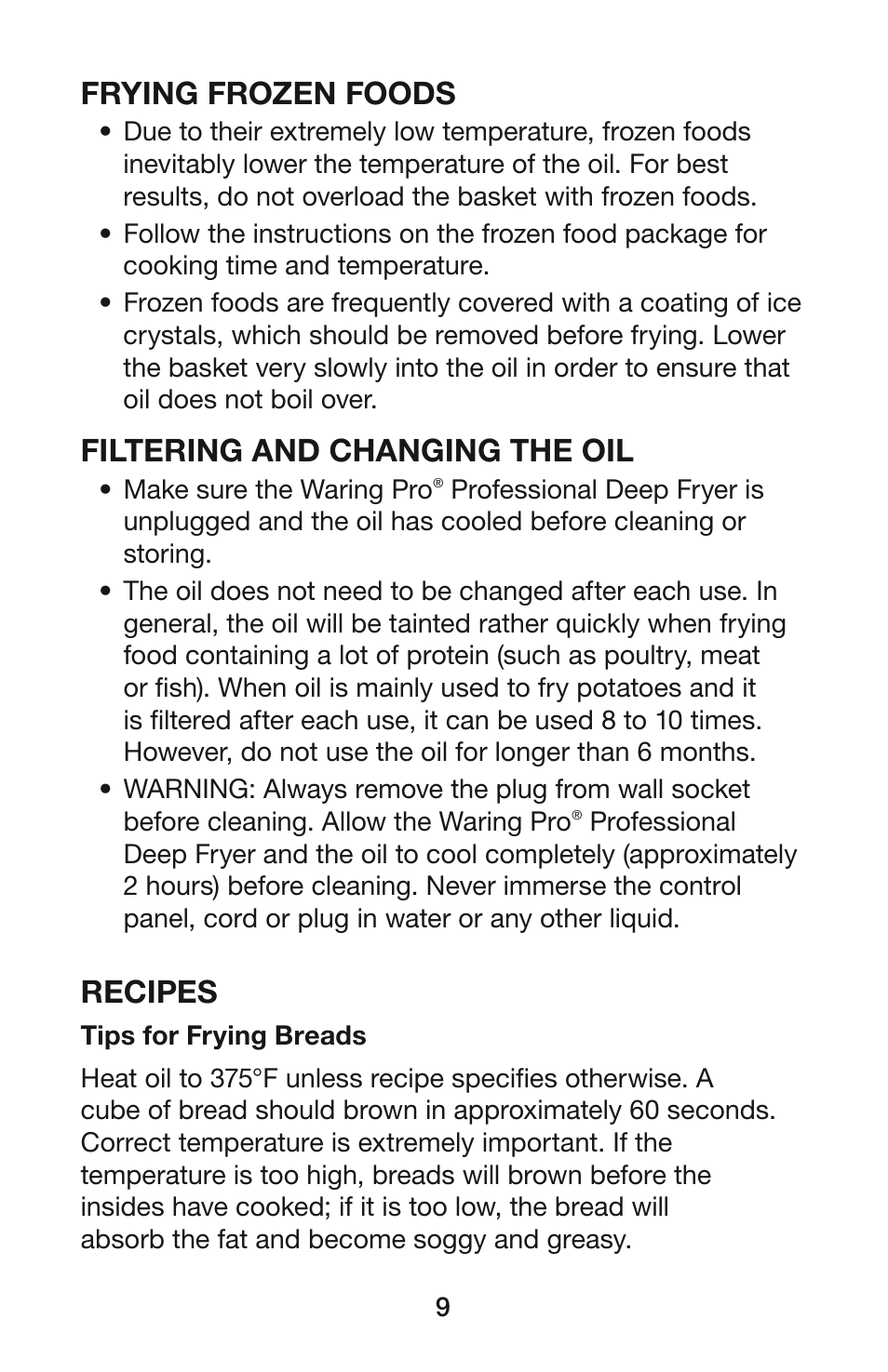 Frying frozen foods, Filtering and changing the oil, Recipes | Waring DF55 User Manual | Page 10 / 20