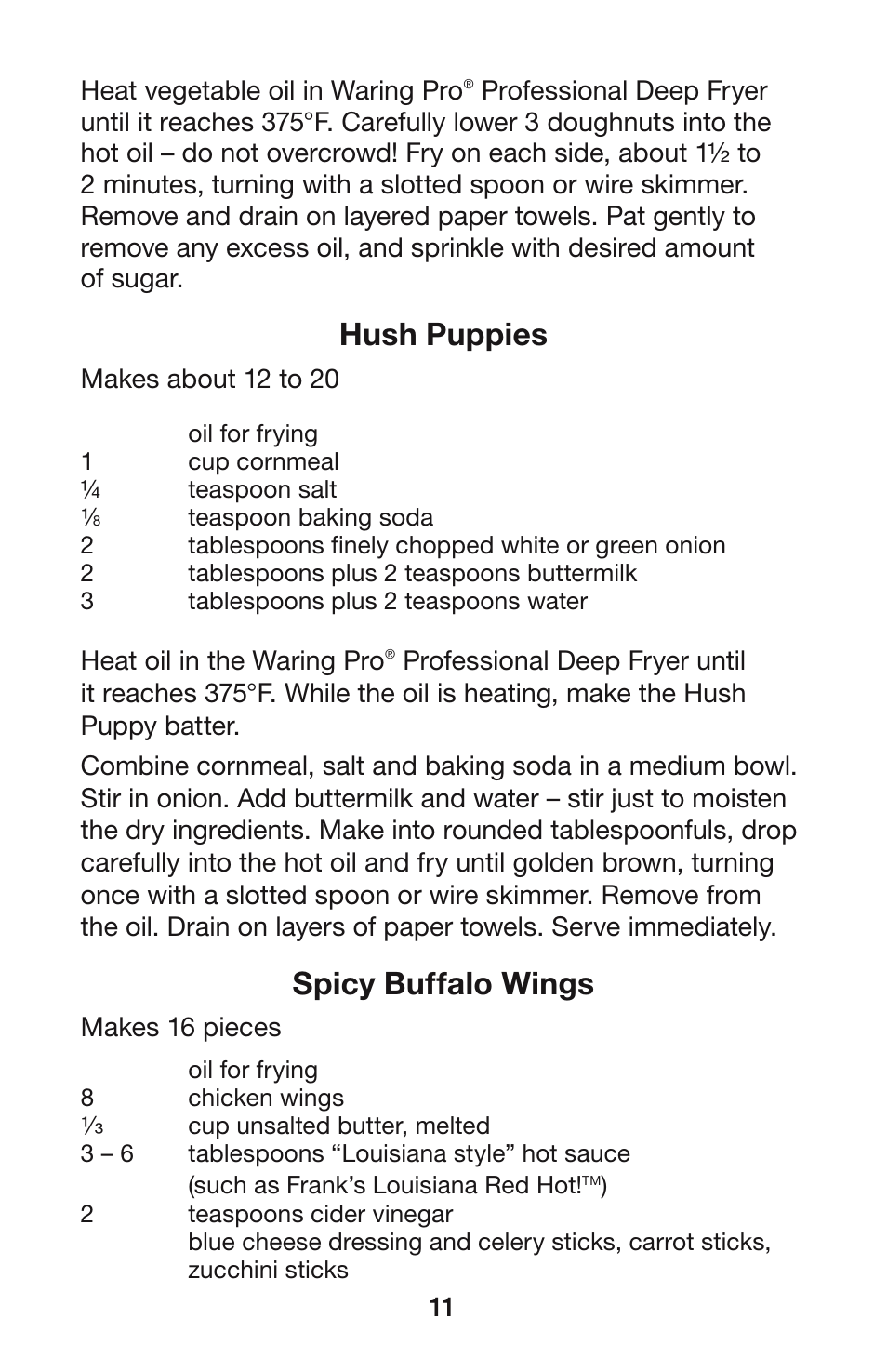 Hush puppies, Spicy buffalo wings | Waring DF55 User Manual | Page 12 / 20
