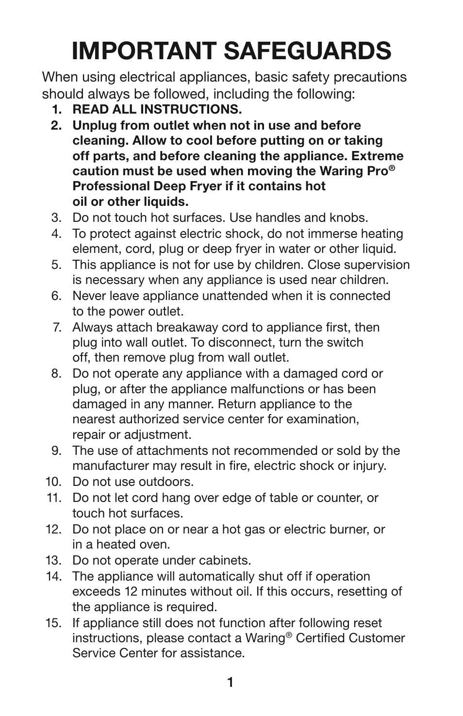 Important safeguards | Waring DF55 User Manual | Page 2 / 20