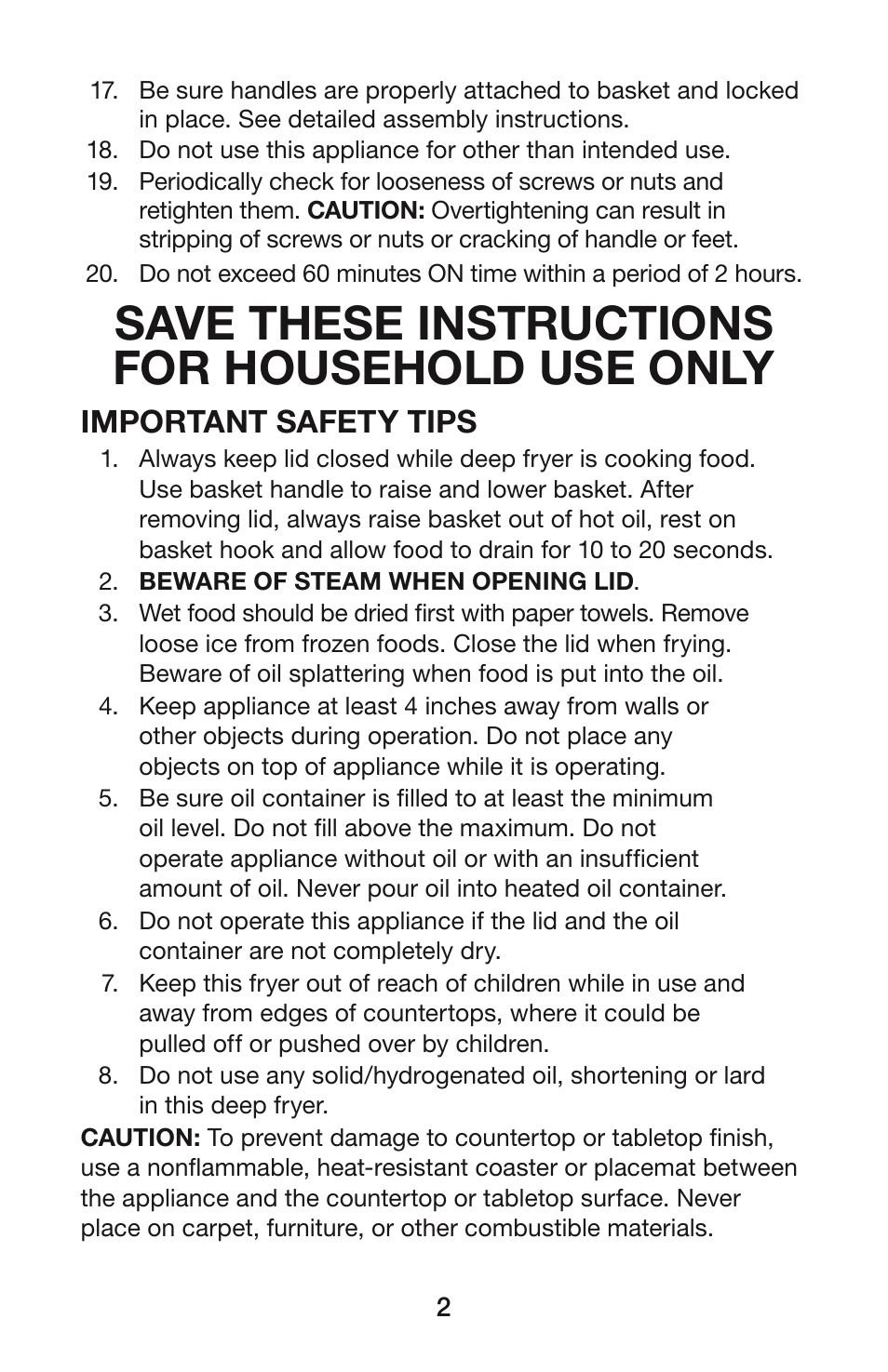 Save these instructions for household use only, Important safety tips | Waring DF55 User Manual | Page 3 / 20