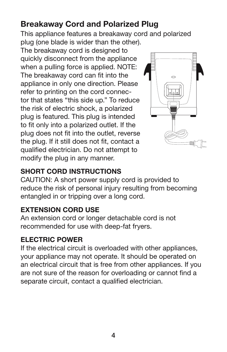 Breakaway cord and polarized plug | Waring DF55 User Manual | Page 5 / 20