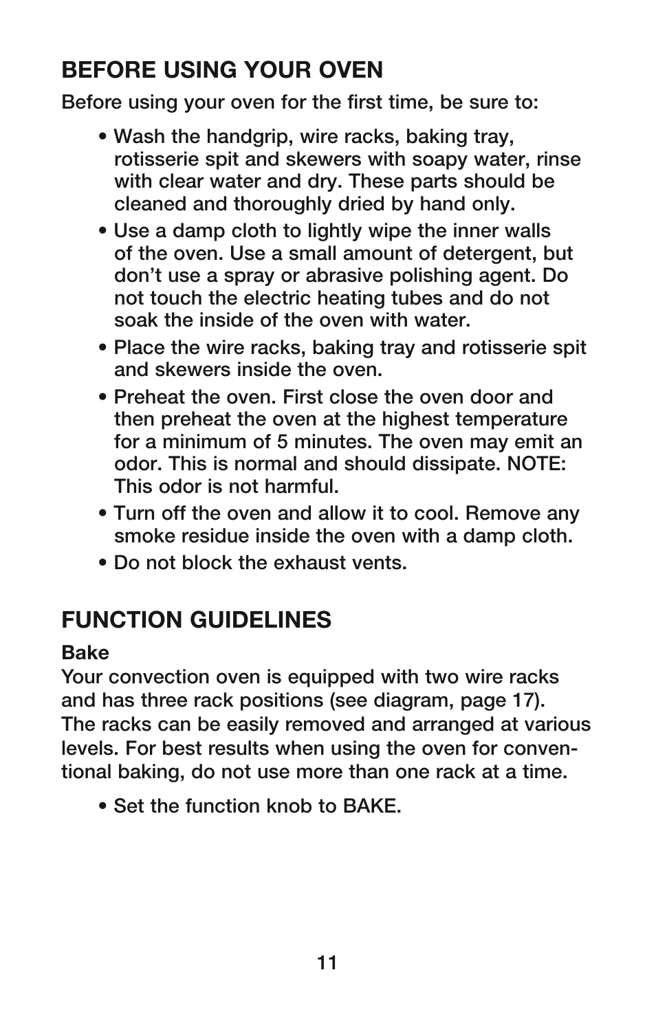 Before using your oven, Function guidelines | Waring CO900B User Manual | Page 11 / 55