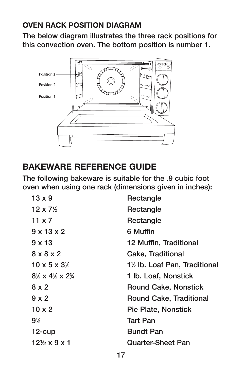 Bakeware reference guide | Waring CO900B User Manual | Page 17 / 55